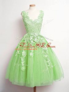 Unique A-line Tulle V-neck Sleeveless Lace Knee Length Lace Up Quinceanera Court Dresses