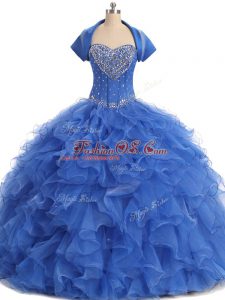Simple Floor Length Blue 15 Quinceanera Dress Organza Sleeveless Beading and Ruffles