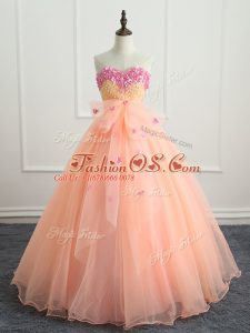 Peach Ball Gowns Sweetheart Sleeveless Organza Floor Length Lace Up Beading and Appliques and Bowknot 15 Quinceanera Dress