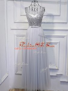 Grey Sleeveless Tulle Lace Up Prom Dress for Prom and Party and Sweet 16