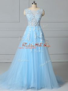 Fancy Baby Blue Sleeveless Brush Train Lace Evening Dress