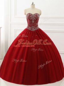 Traditional Sleeveless Tulle Floor Length Lace Up 15 Quinceanera Dress in Wine Red with Beading