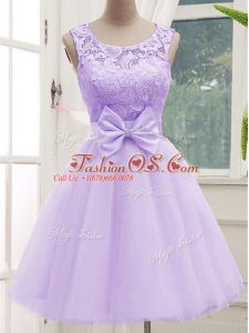 Sleeveless Tulle Knee Length Lace Up Wedding Party Dress in Lavender with Lace and Bowknot