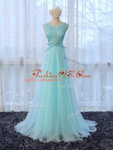 Apple Green Scoop Zipper Lace and Bowknot Quinceanera Court of Honor Dress Brush Train Sleeveless