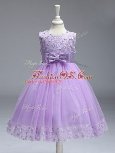Lavender Scoop Neckline Lace and Bowknot Little Girl Pageant Dress Sleeveless Zipper