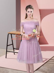 Designer Knee Length Lavender Bridesmaids Dress Tulle Sleeveless Ruching and Belt