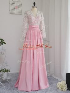 Dramatic Baby Pink Long Sleeves Floor Length Beading Zipper Homecoming Dress