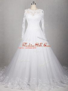Brush Train A-line Wedding Dress White Scoop Tulle Long Sleeves Side Zipper