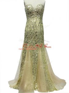 Superior Sleeveless Tulle Brush Train Zipper Evening Dress in Olive Green with Sequins