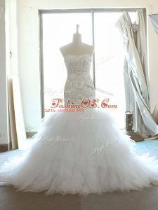 Sleeveless Brush Train Lace Up Beading and Ruffles Wedding Gowns