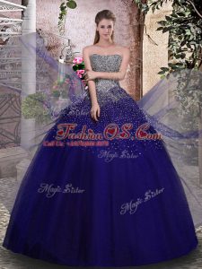 Royal Blue Ball Gowns Beading Ball Gown Prom Dress Lace Up Tulle Sleeveless Floor Length