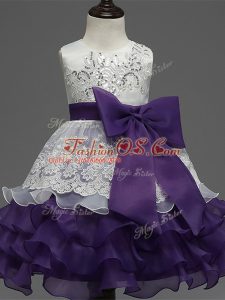 White And Purple Zipper Pageant Gowns For Girls Lace and Ruffled Layers and Bowknot Sleeveless Tea Length