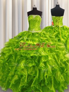 Attractive Floor Length Olive Green Quinceanera Dress Strapless Sleeveless Lace Up