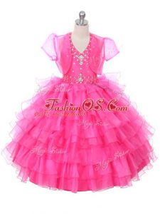 Hot Pink Halter Top Neckline Beading and Ruffled Layers Pageant Gowns For Girls Sleeveless Lace Up