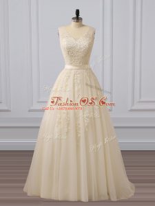 Champagne V-neck Sleeveless Brush Train Lace Up