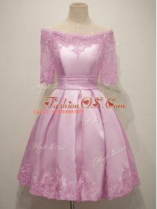 Adorable Lilac Taffeta Lace Up Damas Dress Half Sleeves Knee Length Lace