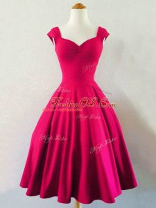 Fashionable Hot Pink Taffeta Lace Up Dama Dress Sleeveless Knee Length Ruching