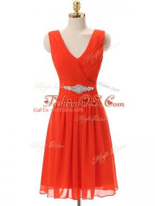 Knee Length Red Prom Gown Chiffon Sleeveless Beading and Ruching