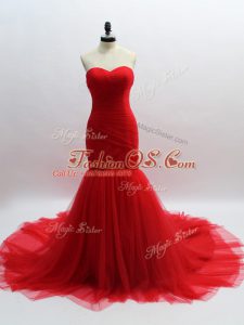 Sweet Red Sleeveless Tulle Brush Train Lace Up Formal Evening Gowns for Prom and Sweet 16