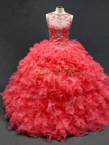 Modest Coral Red Organza Lace Up Ball Gown Prom Dress Sleeveless Floor Length Beading and Ruffles