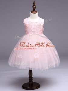 Sleeveless Knee Length Appliques and Bowknot Zipper Little Girls Pageant Dress with Baby Pink