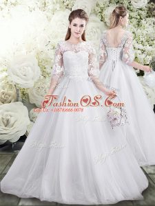 Deluxe White Lace Up Wedding Gown Lace Half Sleeves Floor Length
