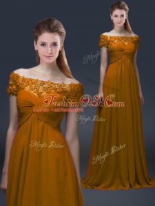 Off The Shoulder Short Sleeves Mother Of The Bride Dress Floor Length Appliques Brown Chiffon
