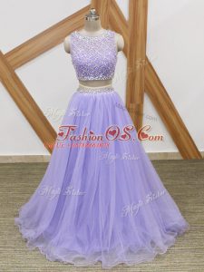 Lavender Tulle Side Zipper Scoop Sleeveless Floor Length Celebrity Dress Beading