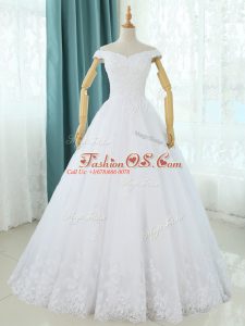 Spectacular A-line Bridal Gown White Off The Shoulder Tulle Sleeveless Floor Length Lace Up