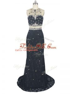 Black High-neck Neckline Beading and Lace Dress for Prom Sleeveless Zipper