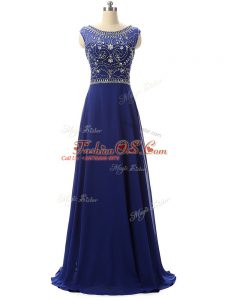 Royal Blue Sleeveless Beading Floor Length Prom Dress