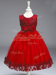 Wine Red Zipper Little Girls Pageant Dress Wholesale Lace and Bowknot Sleeveless Knee Length
