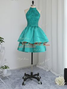 Satin High-neck Sleeveless Zipper Lace and Appliques Prom Evening Gown in Turquoise