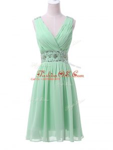 Fabulous Apple Green Chiffon Zipper V-neck Sleeveless Knee Length Wedding Guest Dresses Beading and Ruching