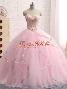 Baby Pink Quinceanera Dresses Spaghetti Straps Sleeveless Brush Train Lace Up