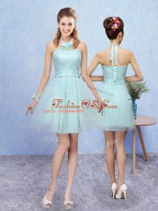 Lace Dama Dress for Quinceanera Aqua Blue Lace Up Sleeveless Mini Length