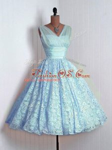 A-line Vestidos de Damas Baby Blue V-neck Lace Sleeveless Mini Length Lace Up