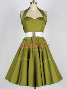 Olive Green A-line Taffeta Halter Top Sleeveless Belt Knee Length Lace Up Dama Dress for Quinceanera
