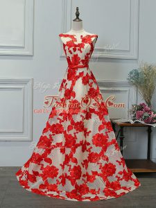 Sleeveless Printed Floor Length Lace Up Evening Dress in White And Red with Appliques
