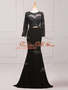 Eye-catching Long Sleeves Brush Train Lace and Appliques and Belt Side Zipper Mother Of The Bride Dress