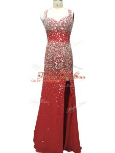 Sleeveless Brush Train Backless Beading Evening Gowns