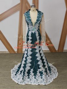 Free and Easy Long Sleeves Beading and Lace and Appliques Zipper Mother Of The Bride Dress with Navy Blue Brush Train