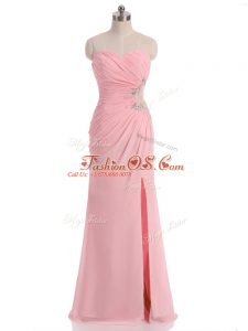 Pretty Baby Pink Sleeveless Floor Length Beading and Ruching Side Zipper Prom Party Dress