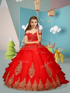 Red Sleeveless Floor Length Appliques and Embroidery Lace Up Little Girl Pageant Gowns