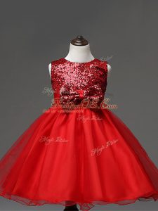 Dazzling Red Zipper Scoop Sequins and Bowknot Kids Formal Wear Tulle Sleeveless