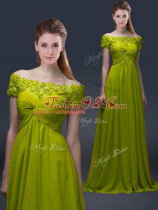 Off The Shoulder Short Sleeves Mother Of The Bride Dress Floor Length Appliques Olive Green Satin