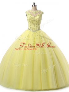 Yellow Tulle Lace Up Vestidos de Quinceanera Sleeveless Floor Length Beading and Lace