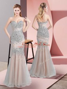 Champagne Mermaid Sweetheart Sleeveless Tulle Floor Length Zipper Beading Prom Dresses