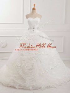 Organza Sleeveless Wedding Gowns Brush Train and Beading and Ruching