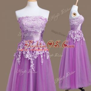 Strapless Sleeveless Bridesmaid Dresses Tea Length Appliques Purple Tulle
